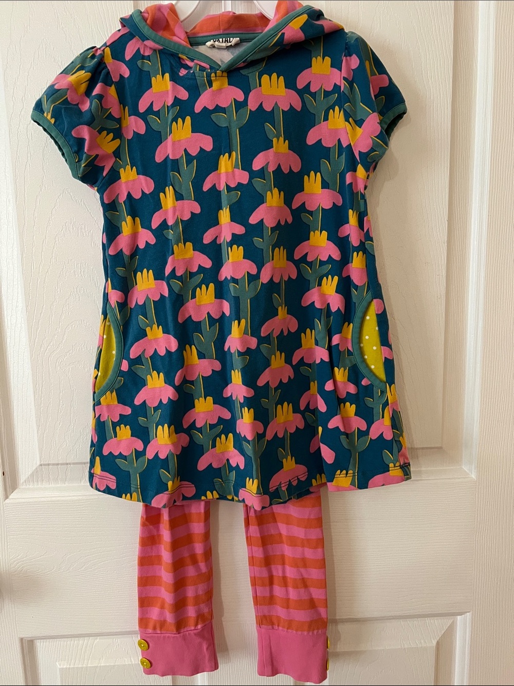 Mini Boden Floral Hooded Pajama Dress & Striped Leggings - Teal, Pink, Yellow